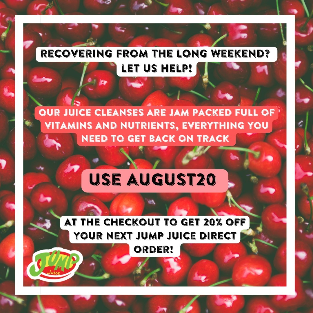 Need an energy boost after the Bank Holiday weekend? That's okay, we do too. 
We are giving 20% off your next order on our Jump Juice Direct site, grab those juice cleanses whilst you can🌞🍒

Discount ends midnight August 8th 2022

#jumpjuice #fuelgood #juicecleanse
