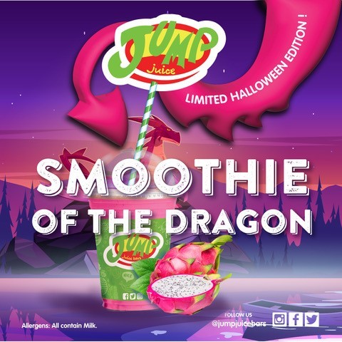 🐲SMOOTHIE OF THE DRAGON🐲
Our Halloween Limited Edition Smoothie is available in all stores today! 
Packed with passion fruit, bursting with blueberries and overflowing with raspberries 💗
Grab one today and tag us on your stories to win some juicy goodies ✨💛

#JumpJuice #FuelGood #LimitedEdition #HalloweenSmoothie #DragonFruit #SmoothieOfTheDragon