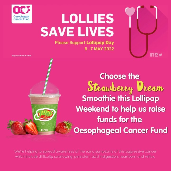 We’re helping the @oesophagealcancerfund spread the word that ‘Lollies Save Lives’ this weekend 💖

Please visit us this Friday and Saturday & purchase a Strawberry Dream smoothie so you can contribute and help raise funds 💖

#jumpjuice #OCF #LollipopDay #Fundraiser