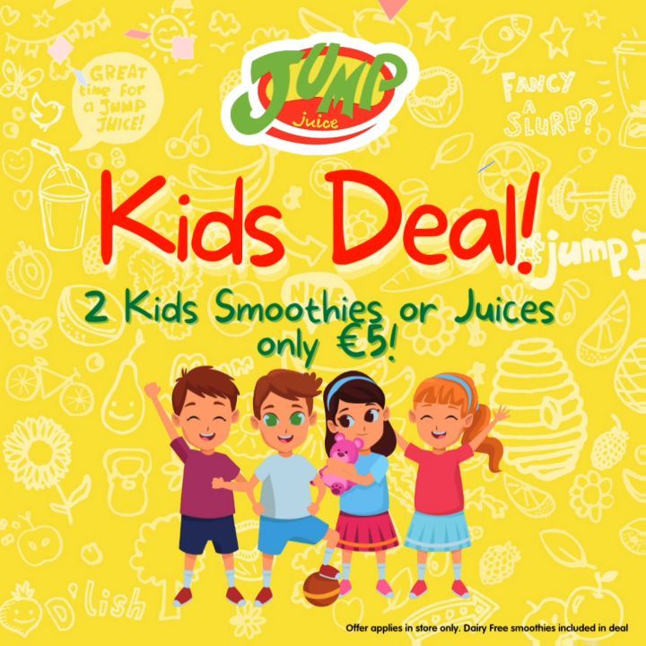 🎉 KIDS DEAL!! 🎉

Kids really have the best deals. Buy any 2 kids size smoothies or juices and it's only a fiver! Yeah you heard us right, only €5 😱🤯 

Kids size smoothies usually €2.85, now €2.50 when you buy 2 or more. Offer applies in store only. Dairy free smoothies included in deal. 

#kidsdeal #jumpjuice #smoothiedeal #kidsmoothie #smoothiebar #juicebar