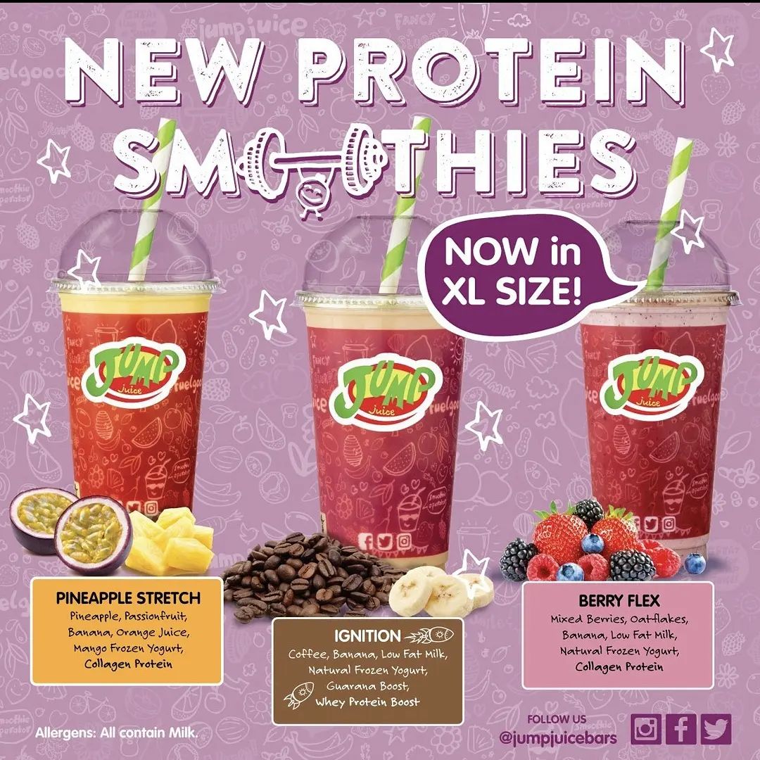 💪🏼 NEW PROTEIN SMOOTHIES 💪🏼

And we now offer EXTRA LARGE sizes for all you super smoothie fans!

🍍 Pineapple Stretch ft Collagen Protein 🍍
☕ Ignition ft Guarana and Whey Protein ☕
🍓 Berry Flex ft Collagen Protein 🍓

Make sure you tag us when you get one 😎💚 

#proteinsmoothie #jumpjuice #extralargesmoothie #XLsmoothie #Protein #mealinacup #ignition #pineapplestretch #berryflex #wheyprotein #collagenprotein