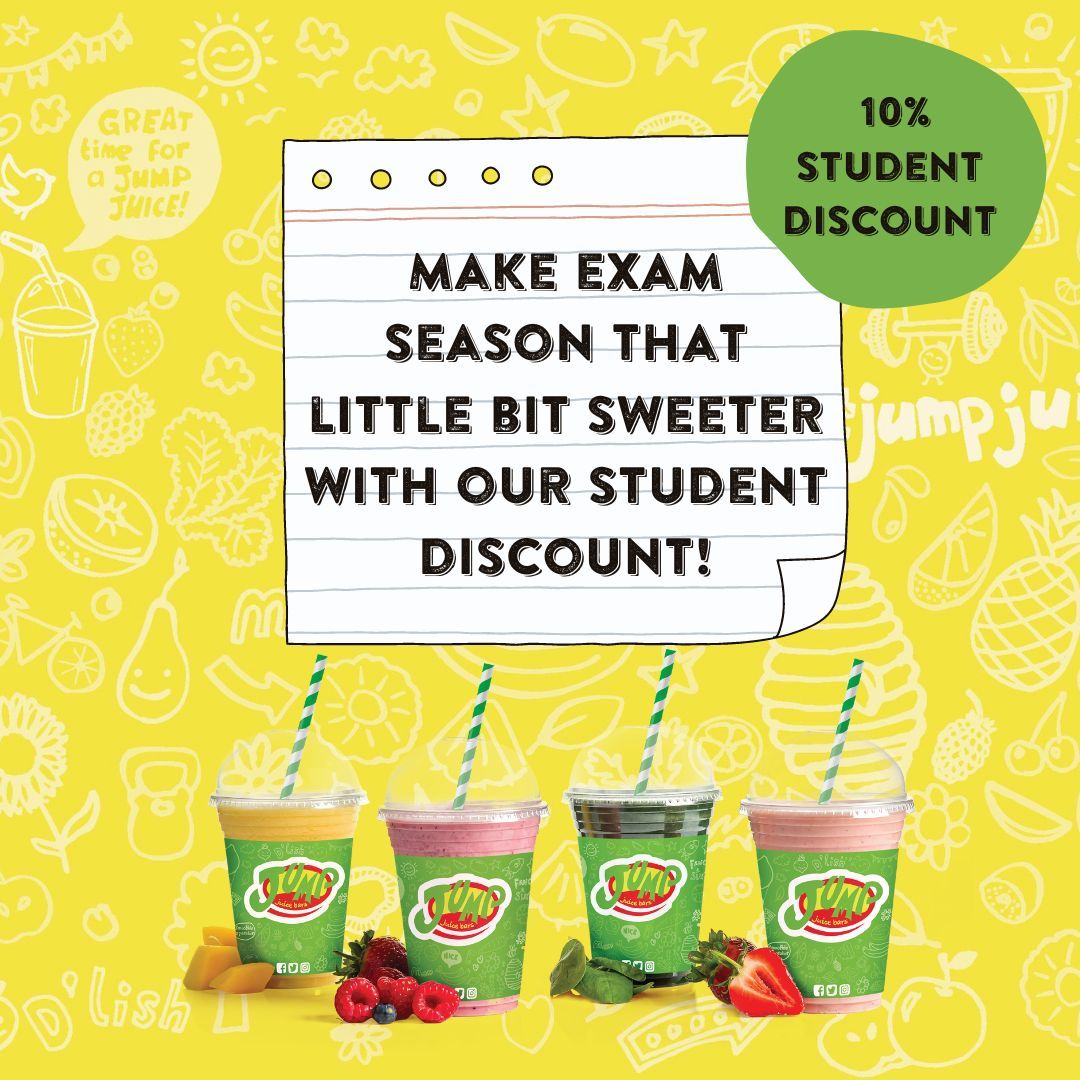 Got to feed those brains during exam season!📚 
Pick up your favourite smoothie or juice with a tasty 10% discount for all students 🧡

#JumpJuice #FuelGood #MealInACup #OneOfFiveADay #OneOfSevenADay #JuiceToGo #SmoothieToGo #IrishFood #SupportIrish #MadeFromScratch #LunchDelivered #FoodDelivery #Fruity #FreshFruit #FruitAndVeg