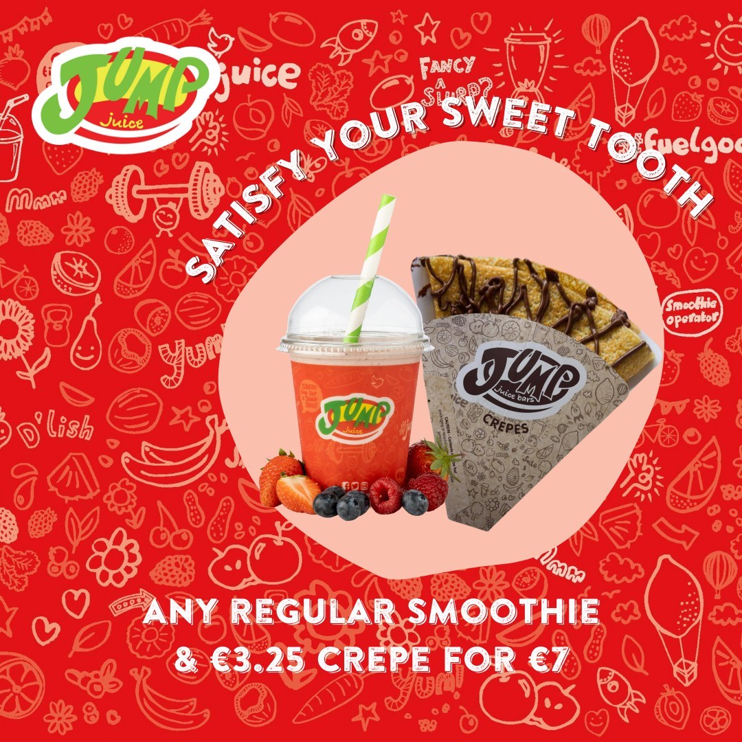 Don't miss out on our tasty Smoothie and Crepe deal - any regular smoothie and €3.25 crepe for €7, you'd be bananas to miss out 🍌

#jumpjuice #fuelgood #crepedeal